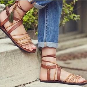 Free People Willow Gladiator Tie Up Wrap Leather Brown Green Sandal Sz 41/10 11
